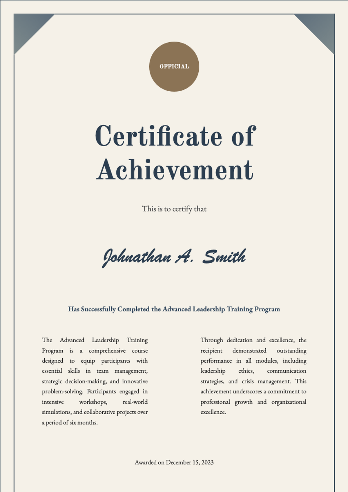 Formal certificate of achievement with ornate border and placeholder text_variant_3